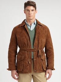 Crafted from remarkably quilted leather, a classic car coat silhouette receives modern updates with a belted waist, reinforced elbow patches and large patch pockets at the hips for ample storage.Zip frontSnap-button placketWaist patch pocketsBelted waistSide ventsFully linedAbout 29 from shoulder to hemLeatherDry cleanImported Crafted from remarkably quilted leather, a classic car coat silhouette receives modern updates with a belted waist, reinforced elbow patches and large patch pockets at the hips for ample storage.Zip frontSnap-button placketWaist patch pocketsBelted waistSide ventsFully linedAbout 29 from shoulder to hemLeatherDry cleanImported