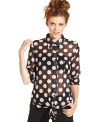 Bring on the fun in American Rag's polka-dot print blouse! The tie-front style and sheer design add loads of sass. Bring on the fun in American Rag's polka-dot print blouse! The tie-front style and sheer design add loads of sass.