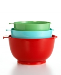 Measure, mix and pour – all in the same bowl! This colorful collection of plastic mixing bowls features a helpful nonskid base that maintain a tight grip with the tabletop as you stir. Limited lifetime warranty. Measure, mix and pour – all in the same bowl! This colorful collection of plastic mixing bowls features a helpful nonskid base that maintain a tight grip with the tabletop as you stir. Limited lifetime warranty.