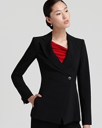 Refine your desk-to-dinner wardrobe with this Armani Collezioni jacket, designed with a single asymmetric front closure for sartorial modernity. Refine your desk-to-dinner wardrobe with this Armani Collezioni jacket, designed with a single asymmetric front closure for sartorial modernity.