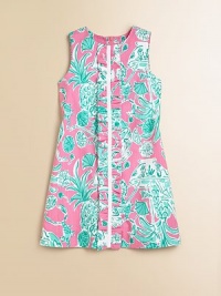 A fun tropical print in a simple silhouette with a pretty ruffle in front.Round necklineSleevelessCenter front ruffle with grosgrain trimBack zipperFully lined75% cotton/25% polyesterMachine washImported A fun tropical print in a simple silhouette with a pretty ruffle in front.Round necklineSleevelessCenter front ruffle with grosgrain trimBack zipperFully lined75% cotton/25% polyesterMachine washImported