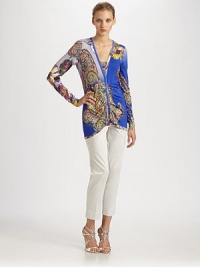 Luxuriously fine-knit stretch silk, vibrantly patterned with abstracted florals and paisley.V necklineButton frontLong sleevesCurved hemlineAbout 28 from shoulder to hem85% silk/15% elastaneDry cleanMade in Italy of imported fabricModel shown is 5'11 (180cm) wearing US size 4. Luxuriously fine-knit stretch silk, vibrantly patterned with abstracted florals and paisley.V necklineButton frontLong sleevesCurved hemlineAbout 28 from shoulder to hem85% silk/15% elastaneDry cleanMade in Italy of imported fabricModel shown is 5'11 (180cm) wearing US size 4.