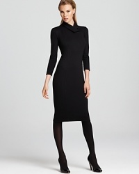 Cut a sleek silhouette in a knit Armani Collezioni dress, featuring a wrap collar, elbow sleeves and concealed front zipper. Wear it up during office hours and down to reveal some skin come evenings. Cut a sleek silhouette in a knit Armani Collezioni dress, featuring a wrap collar, elbow sleeves and concealed front zipper. Wear it up during office hours and down to reveal some skin come evenings.