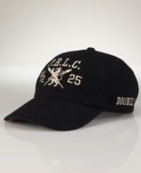 A classic baseball cap is crafted from washed surplus chino with bold cricket-inspired embroidery, making it the ultimate accessory for sporty style. A classic baseball cap is crafted from washed surplus chino with bold cricket-inspired embroidery, making it the ultimate accessory for sporty style.