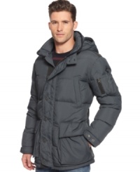 A down jacket with the grown-up good looks you don't get from those big shapeless numbers in a sporting goods store: Quilted puffer coat with wind-cheating double front closures and removable hood lined in faux fur, from Armani Jeans. A down jacket with the grown-up good looks you don't get from those big shapeless numbers in a sporting goods store: Quilted puffer coat with wind-cheating double front closures and removable hood lined in faux fur, from Armani Jeans.