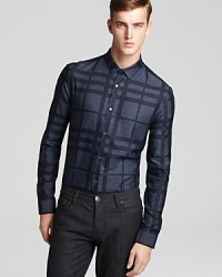 A tonal check and tailored fit bring enviable style to this Burberry London shirt. A tonal check and tailored fit bring enviable style to this Burberry London shirt.