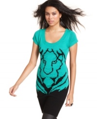 Baby Phat takes on the animal kingdom with a studded sweater tunic that sports a cute lion graphic. Baby Phat takes on the animal kingdom with a studded sweater tunic that sports a cute lion graphic.