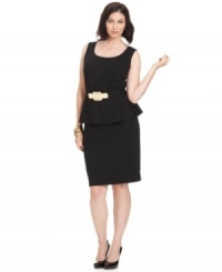 Lend instant sophistication to your desk-to-dinner wardrobe with Alfani's sleeveless plus size sheath dress, accented by a belted and peplum waist. Lend instant sophistication to your desk-to-dinner wardrobe with Alfani's sleeveless plus size sheath dress, accented by a belted and peplum waist.