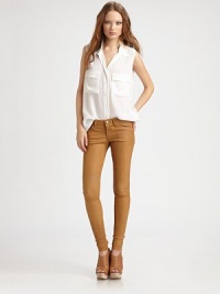 Ultra-rich denim hugs the body like a second skin in this sleek, skinny-leg silhouette.THE FITSkinny fitRise, about 8Inseam, about 30THE DETAILSZip flyFive-pocket styleBack patch pocketsLeatherDry clean by a leather specialistImportedModel shown is 5'10 (177cm) wearing US size 4. Ultra-rich denim hugs the body like a second skin in this sleek, skinny-leg silhouette.THE FITSkinny fitRise, about 8Inseam, about 30THE DETAILSZip flyFive-pocket styleBack patch pocketsLeatherDry clean by a leather specialistImportedModel shown is 5'10 (177cm) wearing US size 4.