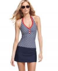 A rope print adds a chic nautical appeal to this Nautica halter tankini top for seafaring fun in the sun! A rope print adds a chic nautical appeal to this Nautica halter tankini top for seafaring fun in the sun!