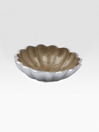 A lovely addition to any table, handcrafted in India with artisanal detail in fluted metal with an opalescent, crushed mother-of-pearl enamel. Food safe Engraved signature 1¼H X 4 diam. Hand wash Imported A lovely addition to any table, handcrafted in India with artisanal detail in fluted metal with an opalescent, crushed mother-of-pearl enamel. Food safe Engraved signature 1¼H X 4 diam. Hand wash Imported