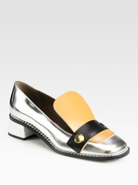 Scalloped edging completes this metallic and matte leather design, with a low stacked heel and goldtone studs. Self-covered heel, 1¼ (30mm)Metallic leather and leather upperLeather lining and solePadded insoleMade in Italy Scalloped edging completes this metallic and matte leather design, with a low stacked heel and goldtone studs. Self-covered heel, 1¼ (30mm)Metallic leather and leather upperLeather lining and solePadded insoleMade in Italy