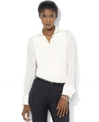 Lauren Ralph Lauren's chic play on a classic menswear staple, this sophisticated tuxedo shirt is tailored for a feminine fit in smooth silk with a pleated front and lustrous pearlized buttons. Lauren Ralph Lauren's chic play on a classic menswear staple, this sophisticated tuxedo shirt is tailored for a feminine fit in smooth silk with a pleated front and lustrous pearlized buttons.