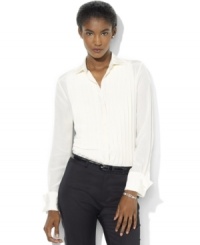 Lauren Ralph Lauren's chic play on a classic menswear staple, this sophisticated tuxedo shirt is tailored for a feminine fit in smooth silk with a pleated front and lustrous pearlized buttons.