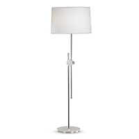 Polished nickel finish over metal with white accents. Hi-Lo switch. Ascot white fabric shade with top diffuser. Adjustable to a maximum height of 70.