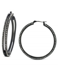 Subtle chic. BCBGeneration's hoop earrings are crafted from hematite-tone mixed metal with crystal pave accents adding a lustrous touch. Approximate drop: 1-3/4 inches. Subtle chic. BCBGeneration's hoop earrings are crafted from hematite-tone mixed metal with crystal pave accents adding a lustrous touch. Approximate drop: 1-3/4 inches.