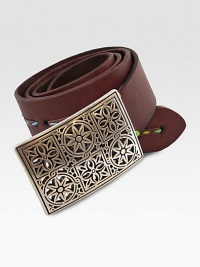 Cutting edge full leather strap belt with stain glass buckle and space dye thread accent.LeatherAbout 1½ wideImported Cutting edge full leather strap belt with stain glass buckle and space dye thread accent.LeatherAbout 1½ wideImported