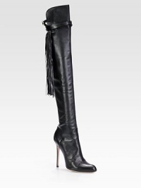 Make an impact with this tall leather boot, amplified by vintage-inflected fringe details and a piercing heel. Self-covered heel, 4 (100mm)Shaft, 24Leg circumference, 14Leather upperPull-on style with leather adjustable strapLeather lining and solePadded insoleMade in Italy Make an impact with this tall leather boot, amplified by vintage-inflected fringe details and a piercing heel. Self-covered heel, 4 (100mm)Shaft, 24Leg circumference, 14Leather upperPull-on style with leather adjustable strapLeather lining and solePadded insoleMade in Italy