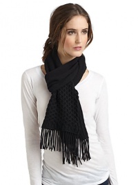 THE LOOKBasket weave construction with fringe trimTHE MEASUREMENT9W X 68LTHE MATERIALCashmere/wool/silkCARE & ORIGINDry cleanImported THE LOOKBasket weave construction with fringe trimTHE MEASUREMENT9W X 68LTHE MATERIALCashmere/wool/silkCARE & ORIGINDry cleanImported