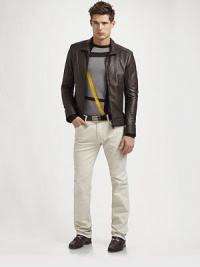 Sleek silhouette articulated in supple Italian leather, detailed with topstitched panels.Zip-front Long sleeves with topstitched cuffs Dual zip pockets Topstitched panels at sides Topstitched hem About 24¾ from shoulder to hem Leather Dry clean by leather specialist Made in Italy of Italian fabric Sleek silhouette articulated in supple Italian leather, detailed with topstitched panels.Zip-front Long sleeves with topstitched cuffs Dual zip pockets Topstitched panels at sides Topstitched hem About 24¾ from shoulder to hem Leather Dry clean by leather specialist Made in Italy of Italian fabric
