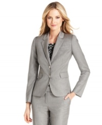 Two shiny turnlock closures give Calvin Klein's jacket polished modern appeal. Easily pairs with other pieces from the full collection of suit separates. Two shiny turnlock closures give Calvin Klein's jacket polished modern appeal. Easily pairs with other pieces from the full collection of suit separates.