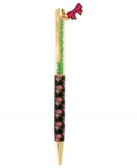 The write stuff. Betsey Johnson's rose-printed pen is crafted from gold-tone mixed metal with green beads and a pink bow charm at the top for a whimsical touch. Item comes packaged in a signature Betsey Johnson Gift Box. Approximate length: 5-1/2 inches. Approximate width: 3/8 inch. The write stuff. Betsey Johnson's rose-printed pen is crafted from gold-tone mixed metal with green beads and a pink bow charm at the top for a whimsical touch. Item comes packaged in a signature Betsey Johnson Gift Box. Approximate length: 5-1/2 inches. Approximate width: 3/8 inch.
