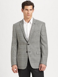 A smartly checked houndstooth pattern dresses up this impeccably tailored piece.Notched lapelButton frontFlap pocketsButton cuffsFully linedAbout 31 from shoulder to hem98% wool/2% lycraDry cleanImported A smartly checked houndstooth pattern dresses up this impeccably tailored piece.Notched lapelButton frontFlap pocketsButton cuffsFully linedAbout 31 from shoulder to hem98% wool/2% lycraDry cleanImported