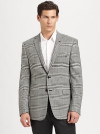 A smartly checked houndstooth pattern dresses up this impeccably tailored piece.Notched lapelButton frontFlap pocketsButton cuffsFully linedAbout 31 from shoulder to hem98% wool/2% lycraDry cleanImported