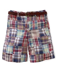 These lightweight woven cotton Bermuda shorts exude preppy polish in a vibrantly hued, classic madras patchwork print. These lightweight woven cotton Bermuda shorts exude preppy polish in a vibrantly hued, classic madras patchwork print.