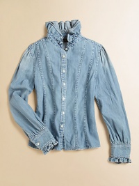 An easy, casual shirt of classic cotton denim is adorned with girlie ruffles and shaping seams for a tailored look.Ruffled stand collarLong sleeves with ruffle-trimmed barrel cuffsButton-frontFront and back princess seamingCottonMachine washImported Please note: Number of snaps may vary depending on size ordered. An easy, casual shirt of classic cotton denim is adorned with girlie ruffles and shaping seams for a tailored look.Ruffled stand collarLong sleeves with ruffle-trimmed barrel cuffsButton-frontFront and back princess seamingCottonMachine washImported Please note: Number of snaps may vary depending on size ordered.