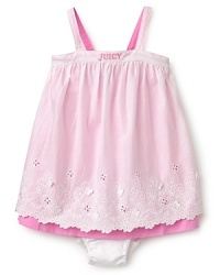 Your little hippie chick will be pretty and comfortable in this double-layered dress embellished with eyelet floral detail and adjustable straps. Comes with matching panty. Your little hippie chick will be pretty and comfortable in this double-layered dress embellished with eyelet floral detail and adjustable straps. Comes with matching panty.