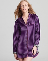 Juicy Couture updates the boyfriend-borrowed sleep shirt with boldly bright stripes, a polka dot lining and chic gold buttons. Juicy Couture updates the boyfriend-borrowed sleep shirt with boldly bright stripes, a polka dot lining and chic gold buttons.