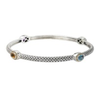 925 Silver, Amethyst, Blue Topaz, Peridot & Citrine Oval Stone Stackable Bangle with 18k Gold Accents- 8 IN