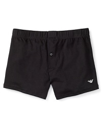 With a breathable cotton stretch construction, these all-day-comfort boxers show a little designer flair at the left leg with Emporio Armani's signature eagle design. With a breathable cotton stretch construction, these all-day-comfort boxers show a little designer flair at the left leg with Emporio Armani's signature eagle design.