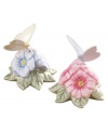A bountiful spring garden adorns your table with this delightful set of salt and pepper shakers. The porcelain pair includes a bright pink poppy salt shaker and blue pepper shaker, each adorned with a fluttering butterfly handle.