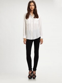 The sleek, look of leather in a skinny jean style with exposed front zipper.Zip-flyRise, about 8Inseam, about 2875% viscose/20% nylon/5% spandexDry cleanMade in USA of imported fabricModel shown is 5'11 (180cm) wearing US size 4. The sleek, look of leather in a skinny jean style with exposed front zipper.Zip-flyRise, about 8Inseam, about 2875% viscose/20% nylon/5% spandexDry cleanMade in USA of imported fabricModel shown is 5'11 (180cm) wearing US size 4.