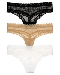 Keep panty lines under wraps with Natori's beautiful floral lace thong in a low-rise silhouette. Style #750042. Keep panty lines under wraps with Natori's beautiful floral lace thong in a low-rise silhouette. Style #750042.