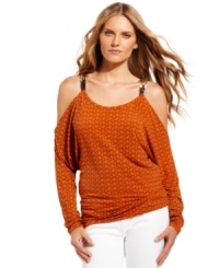 A charming chain print mimics the equestrian-inspired shoulder straps on this haute top from MICHAEL Michael Kors. All you need is a pair of your favorite white jeans to finish the look in style. A charming chain print mimics the equestrian-inspired shoulder straps on this haute top from MICHAEL Michael Kors. All you need is a pair of your favorite white jeans to finish the look in style.