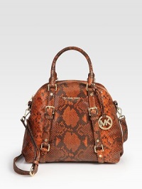 A rounded, structured bag crafted from rich python-print leather with goldtone logo lettering and hardware.Double top handles, 4 dropAdjustable detachable shoulder strap, 20-22 dropTop zip closureOne outside open pocketProtective metal feetOne inside zip pocketFour inside open pocketsOne inner hookCotton lining13W X 11H X 5¾DImported A rounded, structured bag crafted from rich python-print leather with goldtone logo lettering and hardware.Double top handles, 4 dropAdjustable detachable shoulder strap, 20-22 dropTop zip closureOne outside open pocketProtective metal feetOne inside zip pocketFour inside open pocketsOne inner hookCotton lining13W X 11H X 5¾DImported