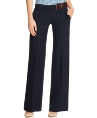 MICHAEL Michael Kors' wide leg pants are made extra chic with the addition of a faux leather belt and logo buckles at the hip. MICHAEL Michael Kors' wide leg pants are made extra chic with the addition of a faux leather belt and logo buckles at the hip.