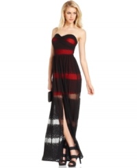 Strike a dramatic note in this floor-length GUESS? dress, featuring a knockout sweetheart neckline, strapless silhouette and a lacy sheer overlay. A crimson underlay that stops mid thigh adds a luscious hint of color. Strike a dramatic note in this floor-length GUESS? dress, featuring a knockout sweetheart neckline, strapless silhouette and a lacy sheer overlay. A crimson underlay that stops mid thigh adds a luscious hint of color.