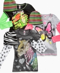 The wild graphic twofer look she's dreaming of, this Beautees top adds a cute, colorful look to complement her style, with a knit hat for skater chic. The wild graphic twofer look she's dreaming of, this Beautees top adds a cute, colorful look to complement her style, with a knit hat for skater chic.