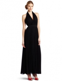 Halston Heritage Women's Pleated V-Neck Gown with Self Belt, Black, 4 Halston Heritage Women's Pleated V-Neck Gown with Self Belt, Black, 4