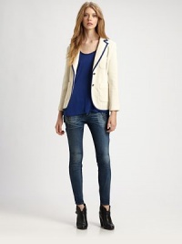 Solid, contrast piping skirts the edges of this chic, impeccably tailored blazer.Notched lapelsLong sleevesButton-frontPatch pocketsBack ventAbout 25 from shoulder to hemMerino WoolDry cleanMade in the USA of imported fabricModel shown is 5'10 (177cm) wearing US size Small. Solid, contrast piping skirts the edges of this chic, impeccably tailored blazer.Notched lapelsLong sleevesButton-frontPatch pocketsBack ventAbout 25 from shoulder to hemMerino WoolDry cleanMade in the USA of imported fabricModel shown is 5'10 (177cm) wearing US size Small.