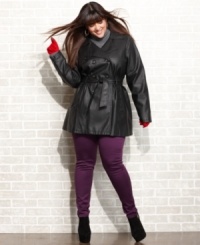 Snag a stylish edge with Dollhouse's plus size faux leather trench coat-- it's totally hot for the season! Snag a stylish edge with Dollhouse's plus size faux leather trench coat-- it's totally hot for the season!