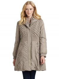 THE LOOKQuilted braided detail, front and backLayered shawl collarConcealed zip and snap closureSmocked waistDual zip pocketsLong sleeves with ribbed banded cuffsTHE FITAbout 35 from shoulder to hemTHE MATERIALPolyesterFill: 80% down/20% featherFully linedCARE & ORIGINDry cleanImportedModel shown is 5'10 (177cm) wearing US size 4. THE LOOKQuilted braided detail, front and backLayered shawl collarConcealed zip and snap closureSmocked waistDual zip pocketsLong sleeves with ribbed banded cuffsTHE FITAbout 35 from shoulder to hemTHE MATERIALPolyesterFill: 80% down/20% featherFully linedCARE & ORIGINDry cleanImportedModel shown is 5'10 (177cm) wearing US size 4.
