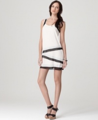Kensie delivers a lightweight shift dress with a geometric twist. Tiered chiffon trim looks sophisticated and stands out on this chic summer dress. Kensie delivers a lightweight shift dress with a geometric twist. Tiered chiffon trim looks sophisticated and stands out on this chic summer dress.