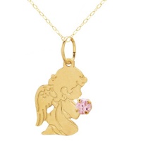 14k Yellow Gold Pink Cubic Zirconia Angel Girl Pendant Necklace, 13