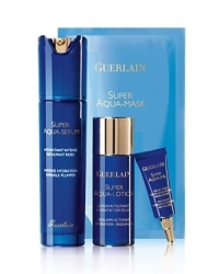 The Guerlain Super Aqua Serum Set contains a full size serum, deluxe samples of the toner and eye serum, and a Super Aqua sheet mask. The new aqua complex in Guerlain's Super Aqua Serum acts as a double protective shield protecting against aging and aggressions. Skin is hydrated +72%, re-plumped and supple. An ideal combination of products to keep skin deeply hydrated, radiant and smooth. product line: Super Aqua. The Guerlain Super Aqua Serum Set contains a full size serum, deluxe samples of the toner and eye serum, and a Super Aqua sheet mask. The new aqua complex in Guerlain's Super Aqua Serum acts as a double protective shield protecting against aging and aggressions. Skin is hydrated +72%, re-plumped and supple. An ideal combination of products to keep skin deeply hydrated, radiant and smooth. product line: Super Aqua.