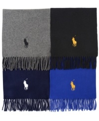 Sport the definitive symbol of style: Lambs wool muffler embroidered with the Big Pony logo of Polo Ralph Lauren. Sport the definitive symbol of style: Lambs wool muffler embroidered with the Big Pony logo of Polo Ralph Lauren.